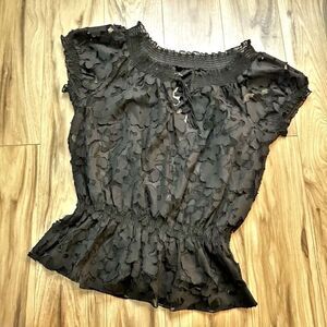 KENAR | Black Lace On Off Shoulder Puff Sleeve Peolum Blouse | Size Large